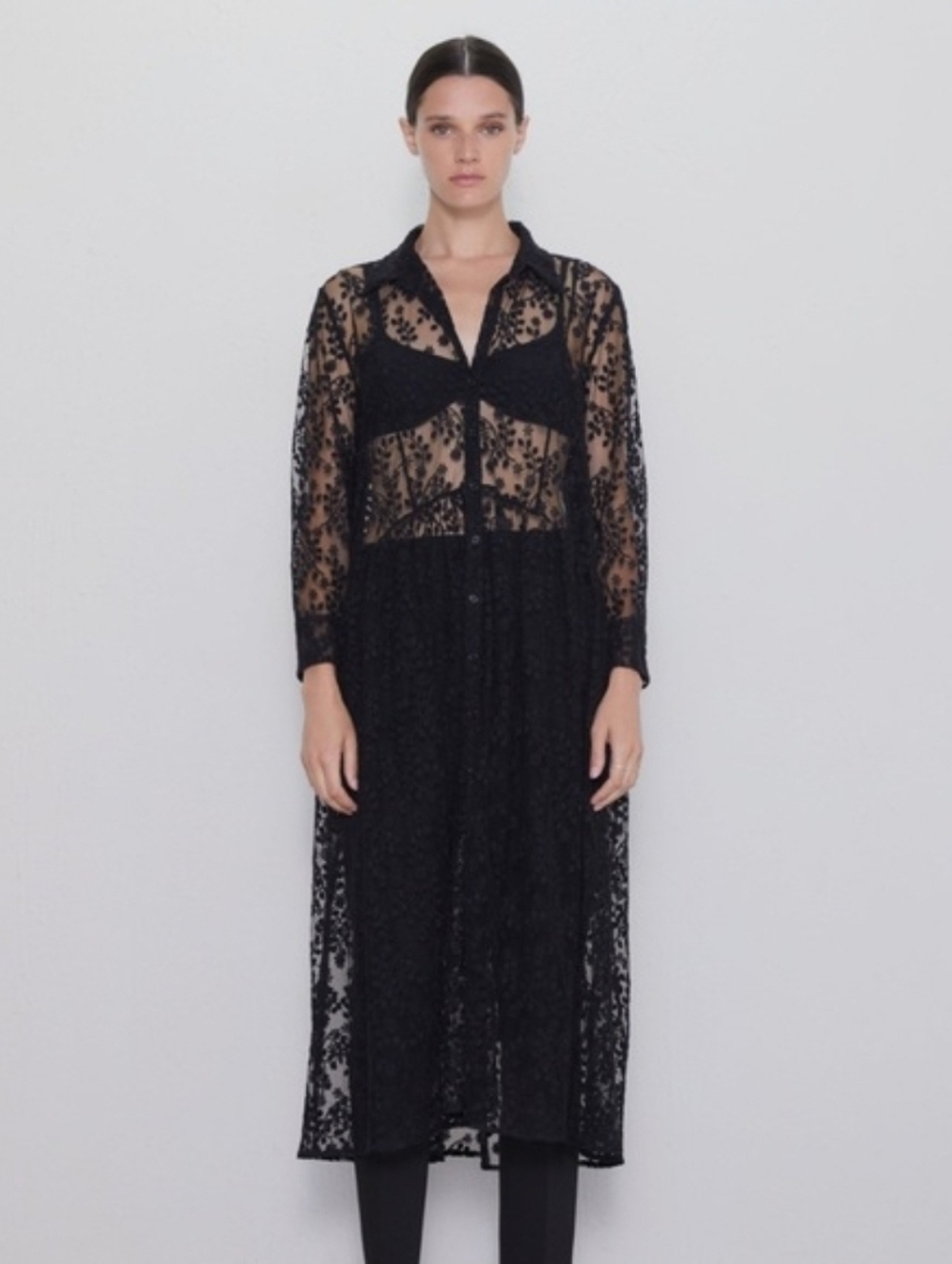 ZARA Black Lace Maxi Shirt Dress. XL – NWT - Picture 3 of 10